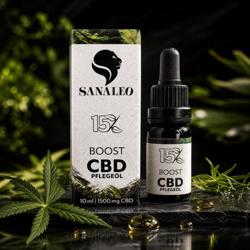 Sanaleo 15% Boost CBD Pflegeöl 1500 mg mit Verpackung und Flasche in hochwertiger Produktinszenierung