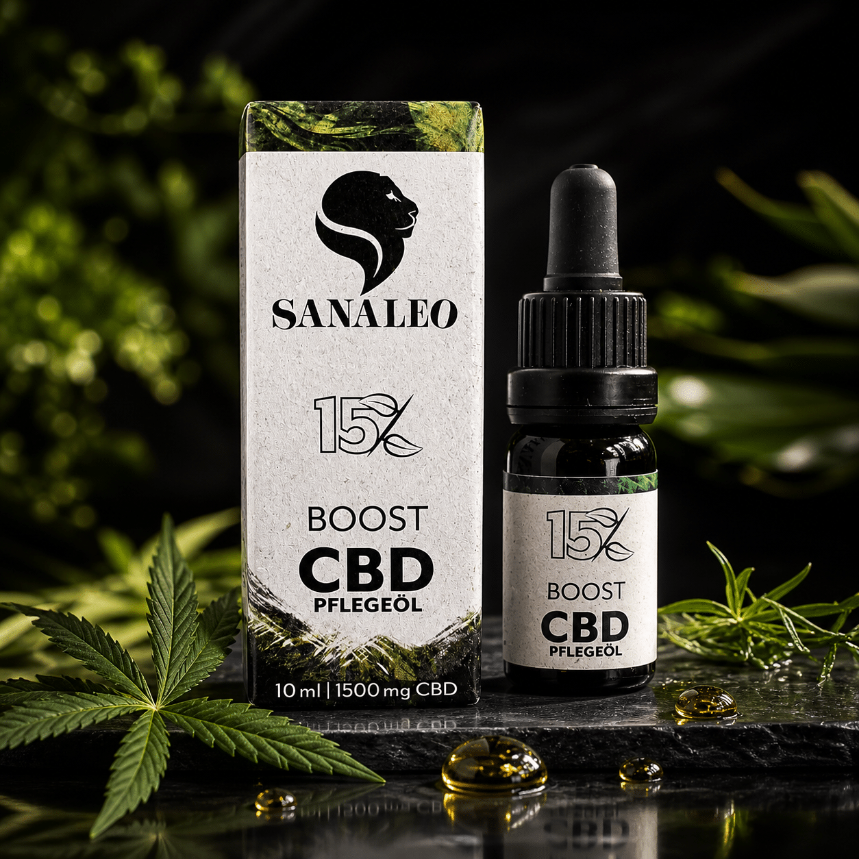Sanaleo 15% Boost CBD Pflegeöl 1500 mg mit Verpackung und Flasche in hochwertiger Produktinszenierung