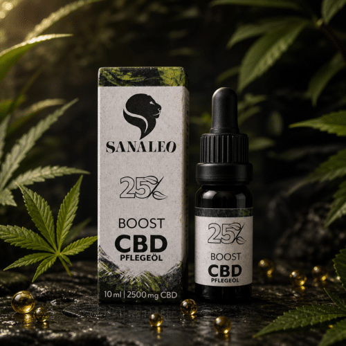 Sanaleo 25% Boost CBD Pflegeöl 2500 mg mit Verpackung und Flasche in hochwertiger Produktinszenierung