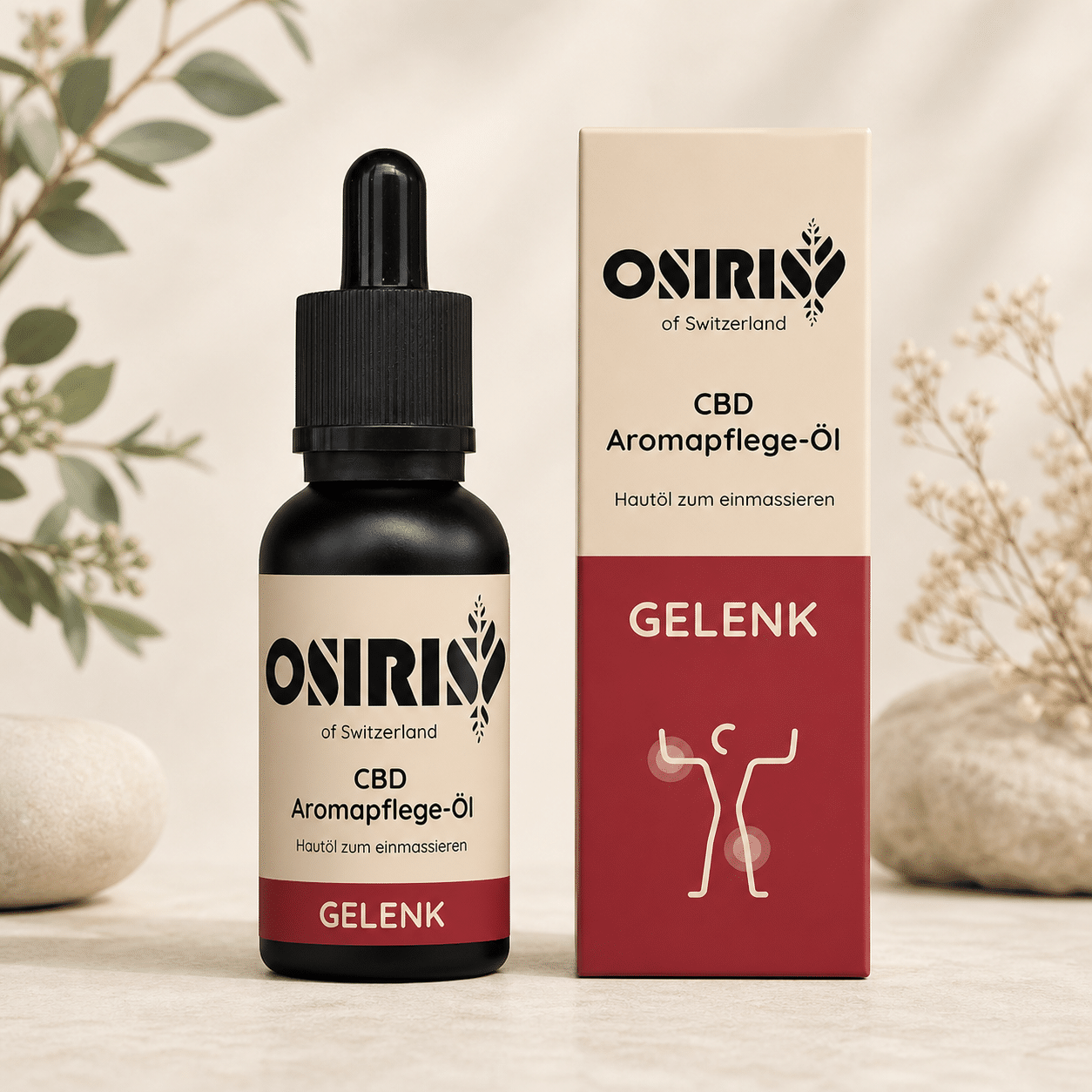 Osiris CBD Aromapflege-Öl Gelenk mit Flasche und Verpackung auf hellem Hintergrund