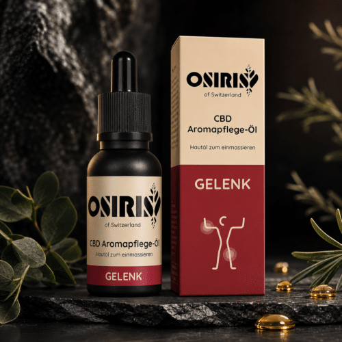 Osiris CBD Aromapflege-Öl Gelenk mit Flasche und Verpackung in hochwertiger Produktinszenierung