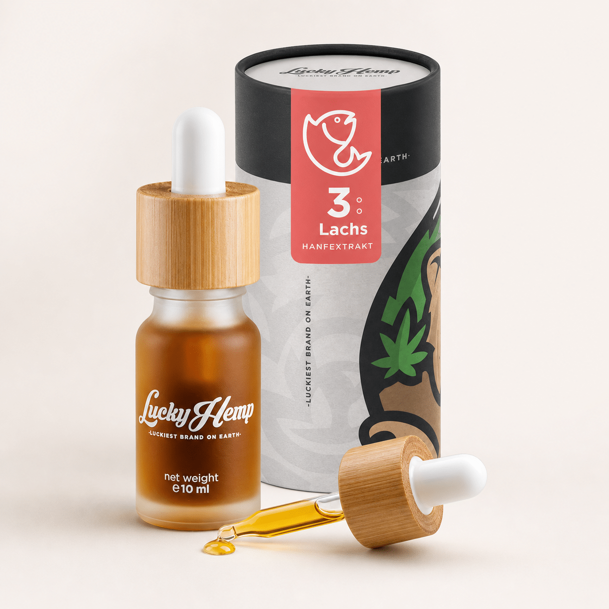 Lucky Hemp 3% Lachs Hanfextrakt mit Flasche, Verpackung und Pipette auf hellem Hintergrund