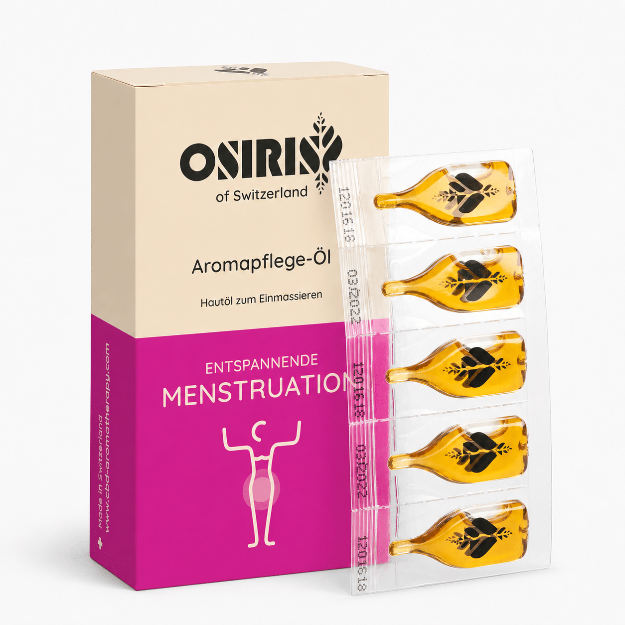 Osiris Aromapflege-Öl Entspannende Menstruation mit Verpackung und Ampullen auf hellem Hintergrund