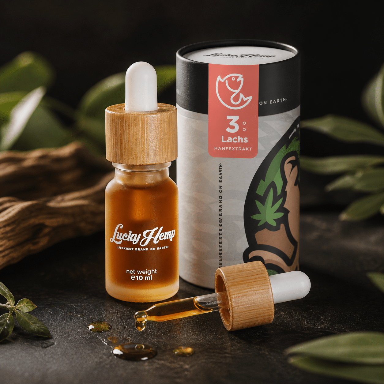 Lucky Hemp 3% Lachs Hanfextrakt mit Flasche, Pipette und Verpackung in hochwertiger dunkler Produktinszenierung