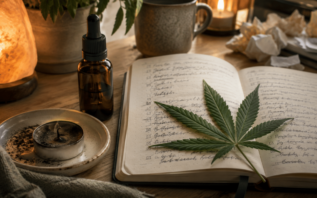 CBD bei Burnout und Stress: ausgebranntes Teelicht auf Keramikteller neben CBD-Pipettenflasche und To-Do-Notizbuch mit Hanfblatt