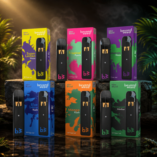 Beyond Weed B3 Max Blend Vape Sortiment mit Super Lemon Haze, Tropical Punch, Amnesia Haze, Blueberry Kush, Mango Kush und Permanent Marker in Premium-Inszenierung.