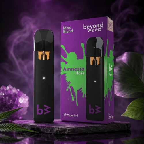 Beyond Weed Max Blend Amnesia Haze Vape mit Gerät und Verpackung in hochwertiger Premium-Inszenierung.