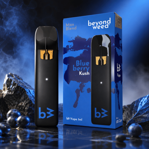 Beyond Weed Max Blend Blueberry Kush Vape mit Gerät und Verpackung in hochwertiger Premium-Inszenierung.