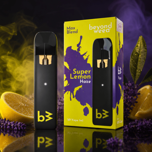 Beyond Weed Max Blend Super Lemon Haze Vape mit Gerät und Verpackung in hochwertiger Premium-Inszenierung.