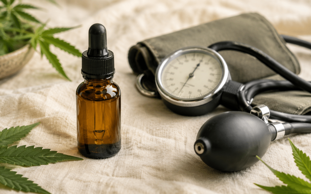 CBD und Blutdruck: amberfarbene CBD-Pipettenflasche neben vintage Blutdruck-Manschette mit Gummiball und Hanfblättern auf cremefarbenem Leinen