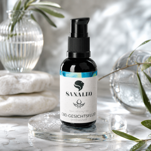 Sanaleo CBD Gesichtsfluid mit CBD und Hyaluron in hochwertiger Premium-Inszenierung für die tägliche Gesichtspflege.
