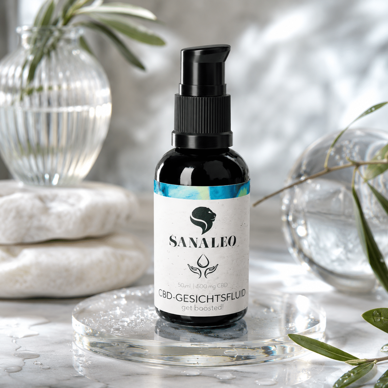 Sanaleo CBD Gesichtsfluid mit CBD und Hyaluron in hochwertiger Premium-Inszenierung für die tägliche Gesichtspflege.