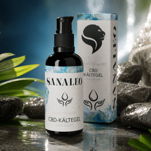 Sanaleo CBD Kältegel mit CBD und Menthol in hochwertiger Premium-Inszenierung mit frischer Spa-Optik.