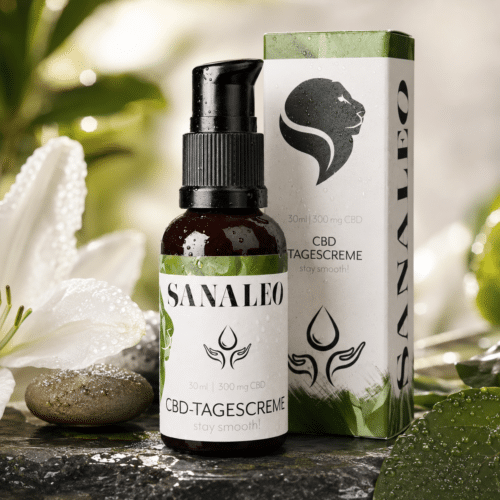 Sanaleo CBD Tagescreme mit 300 mg CBD als hochwertige Gesichtspflege in edler Premium-Inszenierung.
