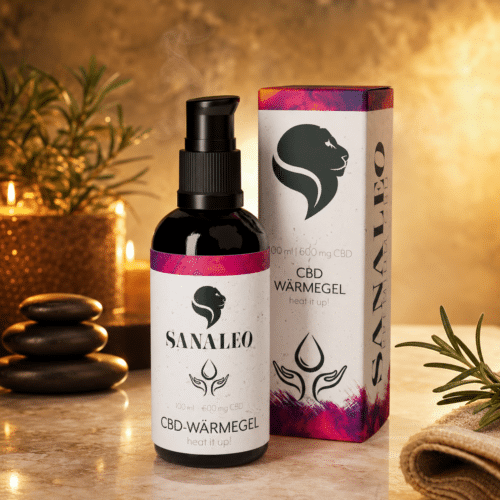 Sanaleo CBD Wärmegel mit CBD, Aloe Vera und Rosmarinöl in hochwertiger Premium-Inszenierung.