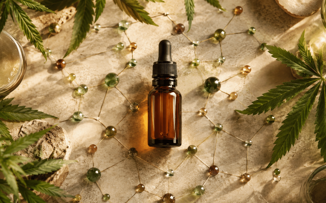 Endocannabinoid-System: amberfarbene CBD-Öl-Flasche umgeben von Glasperlen als Rezeptor-Netzwerk-Visualisierung