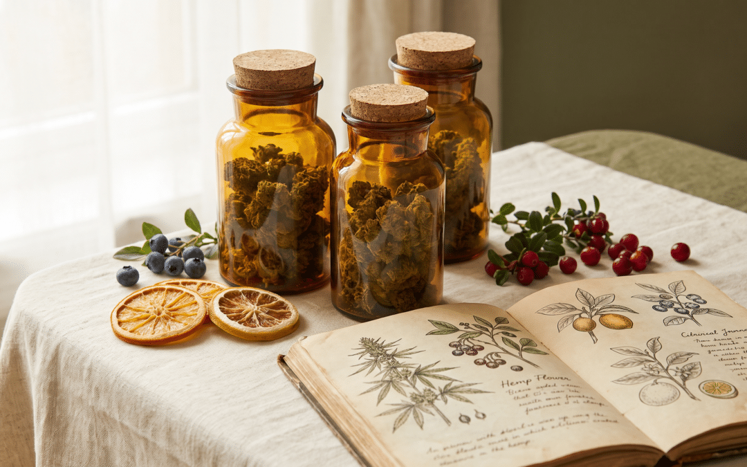 CBD Blüten Sorten im Vergleich: Apothekergläser mit Hanfblüten, Zitrusscheibe und Beeren als Aromanoten