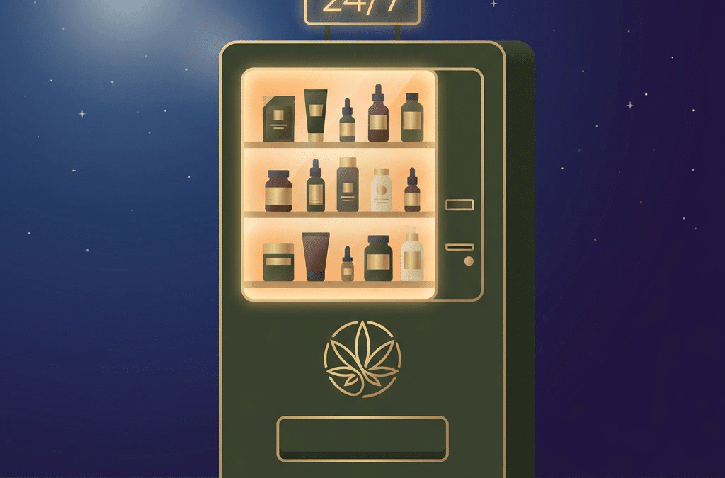 Moderner CBD-Automat bei Nacht, dunkelgruen mit Gold, 24/7 Schild