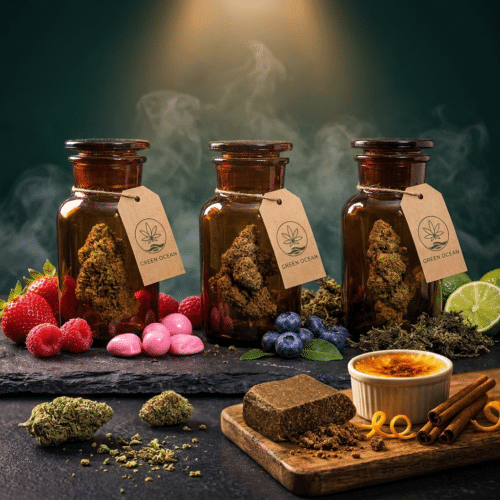 Probierset 3g Blüten und 1g Pollinat mit Green Ocean Etiketten: Bubblegum, California Blueberry, Godzilla und Crema Catalana Hash mit Aroma-Details