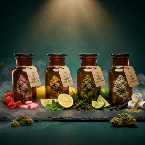 Probierset 4g CBD Blüten mit Green Ocean Etiketten: Bubblegum, Super Lemon Haze, Godzilla und Mellow Cloud mit passenden Aroma-Details