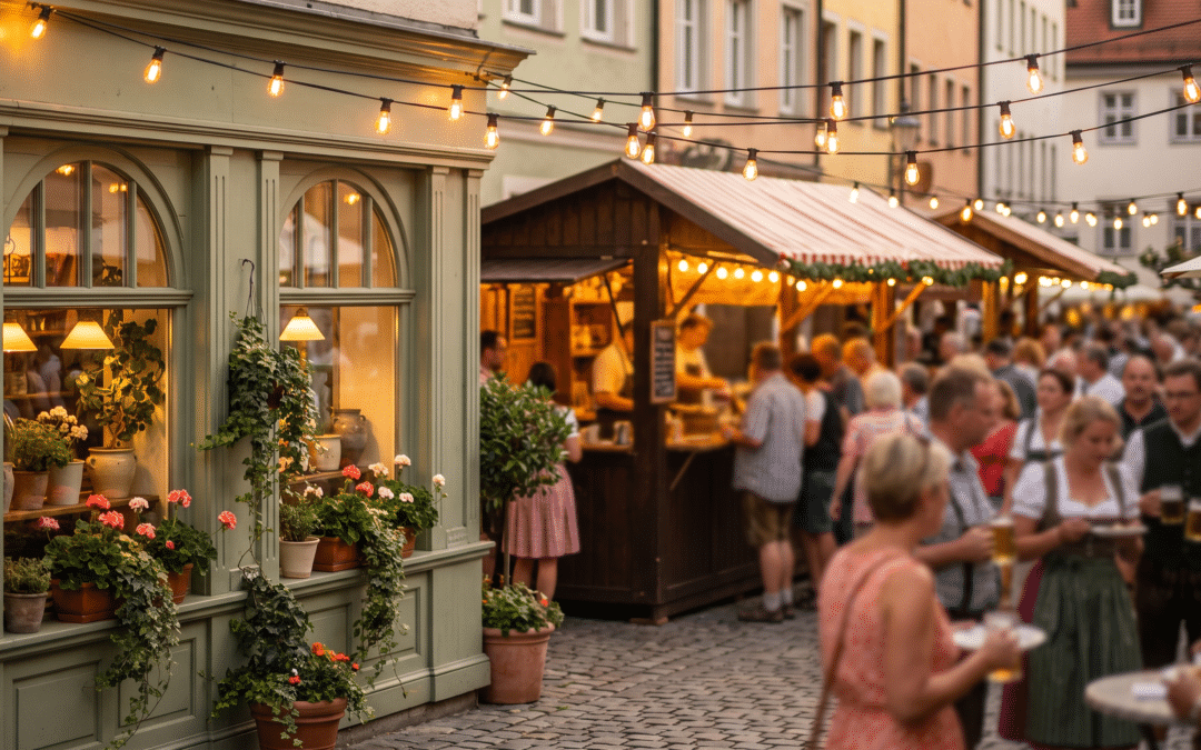 Stadtfest Zweibrücken 2026: abendliche Festmeile mit Lichterketten und Ladenfront in der Innenstadt