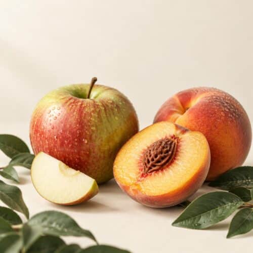 Apfel und Pfirsich auf cremefarbenem Hintergrund, Geschmacksbild fuer ELFBAR ELFA Apple Peach