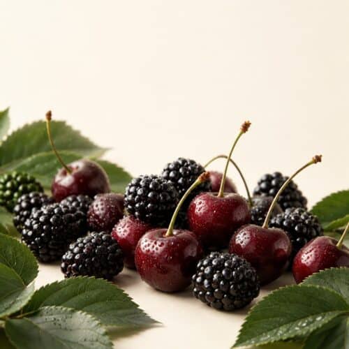 Brombeeren und Kirschen auf cremefarbenem Hintergrund
