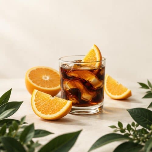 Orangenscheiben und Cola-Note auf cremefarbenem Hintergrund
