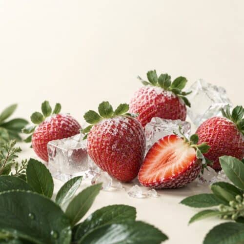 Erdbeeren mit Eis auf cremefarbenem Hintergrund
