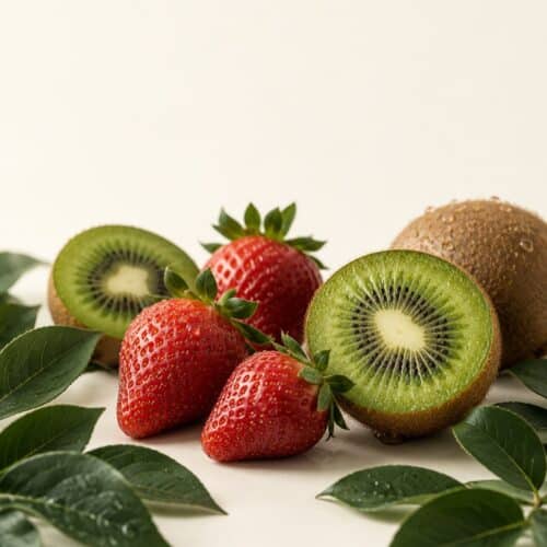 Erdbeeren und Kiwi auf cremefarbenem Hintergrund